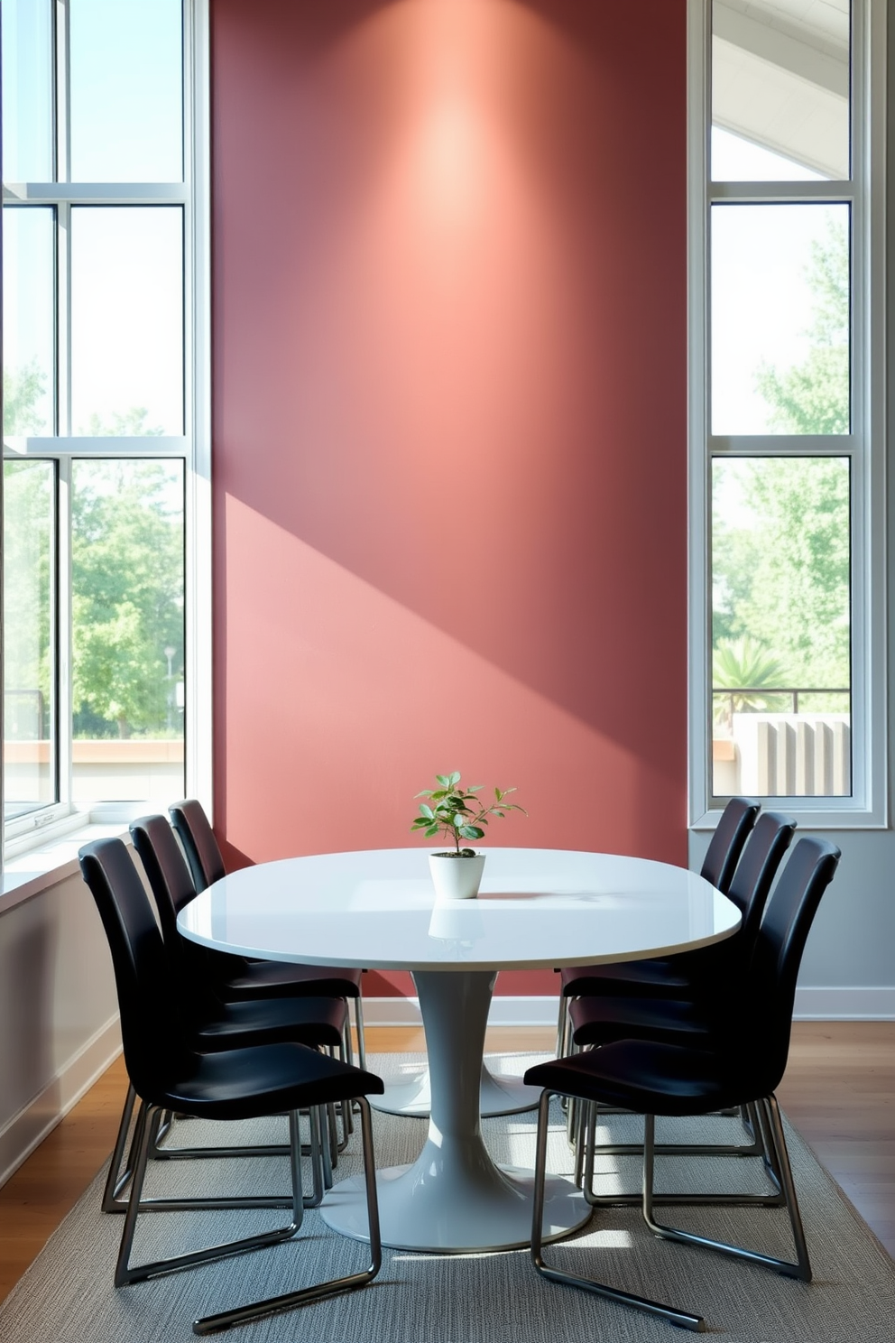 Accent wall with a subtle color change creates a focal point in the dining room. The minimalist dining table is surrounded by sleek chairs, emphasizing simplicity and elegance. Natural light flows through large windows, enhancing the airy atmosphere of the space. A simple centerpiece, such as a small potted plant, adds a touch of greenery without overwhelming the design.