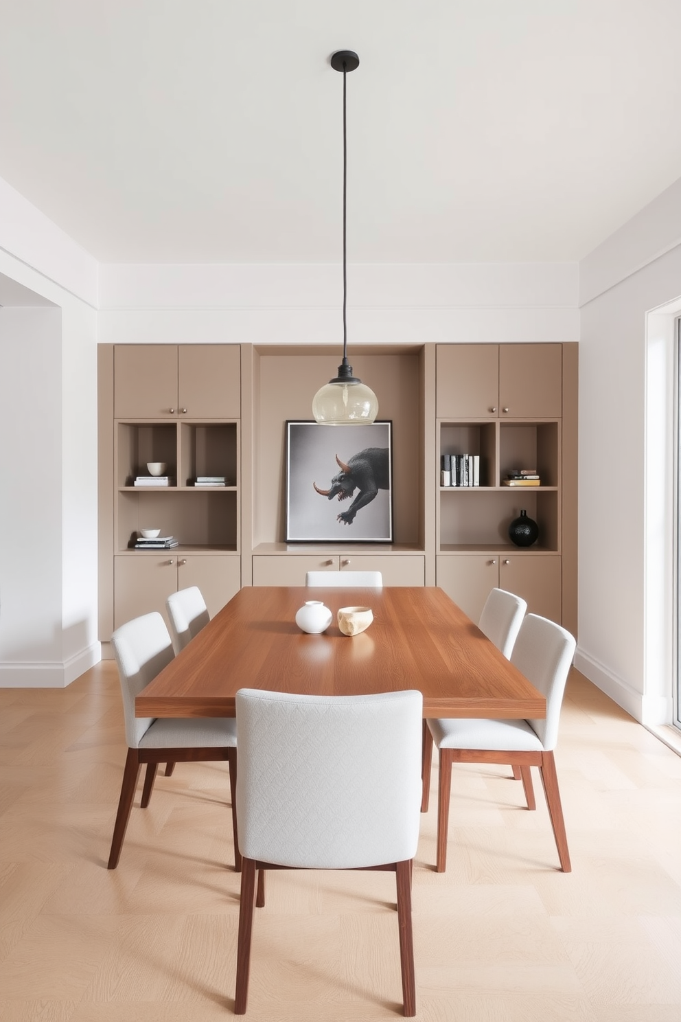 A minimalist dining room that emphasizes open space to enhance flow. The room features a large, light wood dining table surrounded by simple, white chairs with clean lines. Natural light floods in through expansive windows, creating a bright and airy atmosphere. A single statement pendant light hangs above the table, adding a touch of elegance without overwhelming the design.