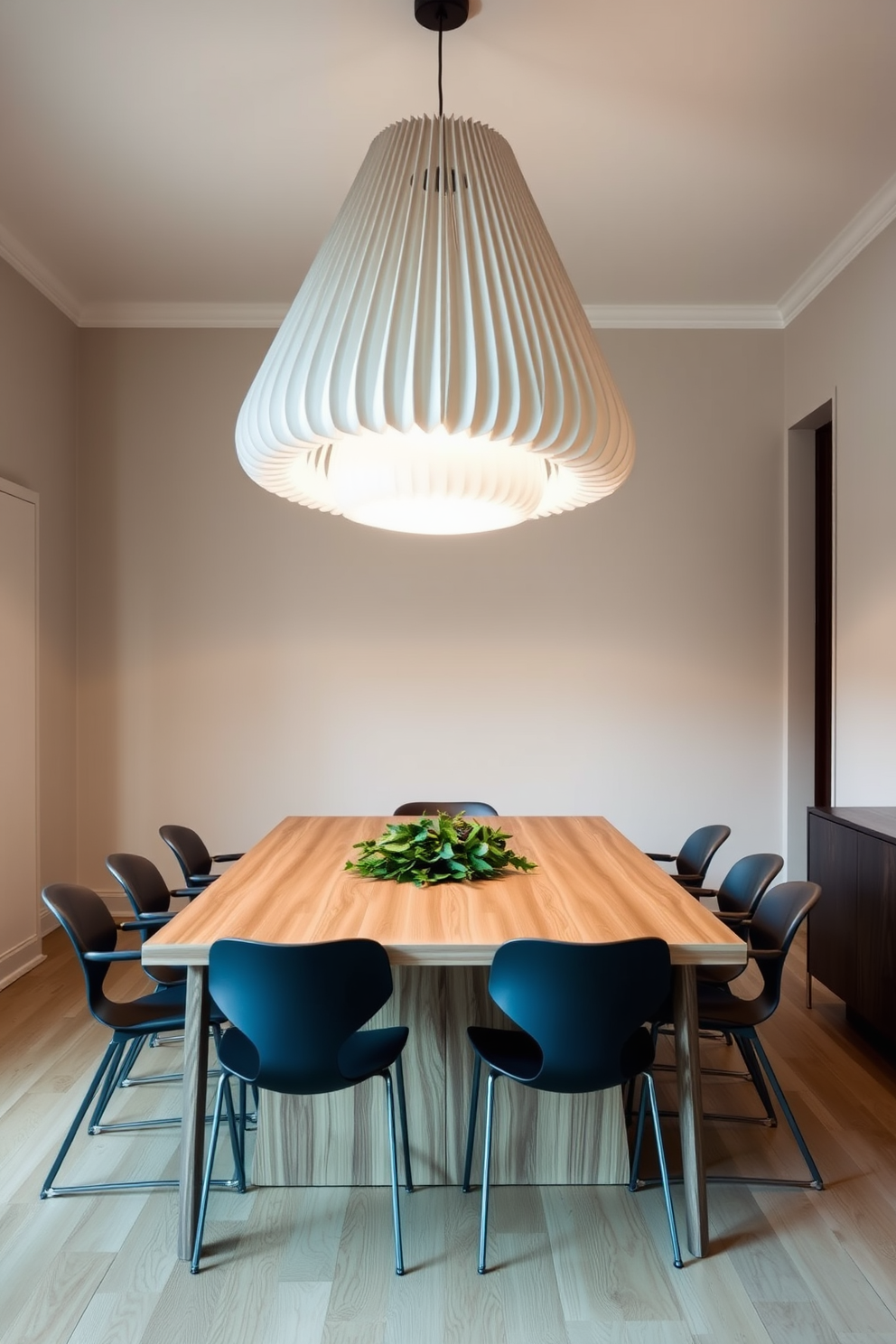 Artistic light fixture as focal point. The dining room features a sleek wooden table surrounded by modern chairs, with an oversized artistic light fixture hanging above to create a dramatic effect. The walls are painted in a soft neutral tone, complementing the light wood flooring. A simple centerpiece of fresh greenery sits on the table, enhancing the minimalist aesthetic.