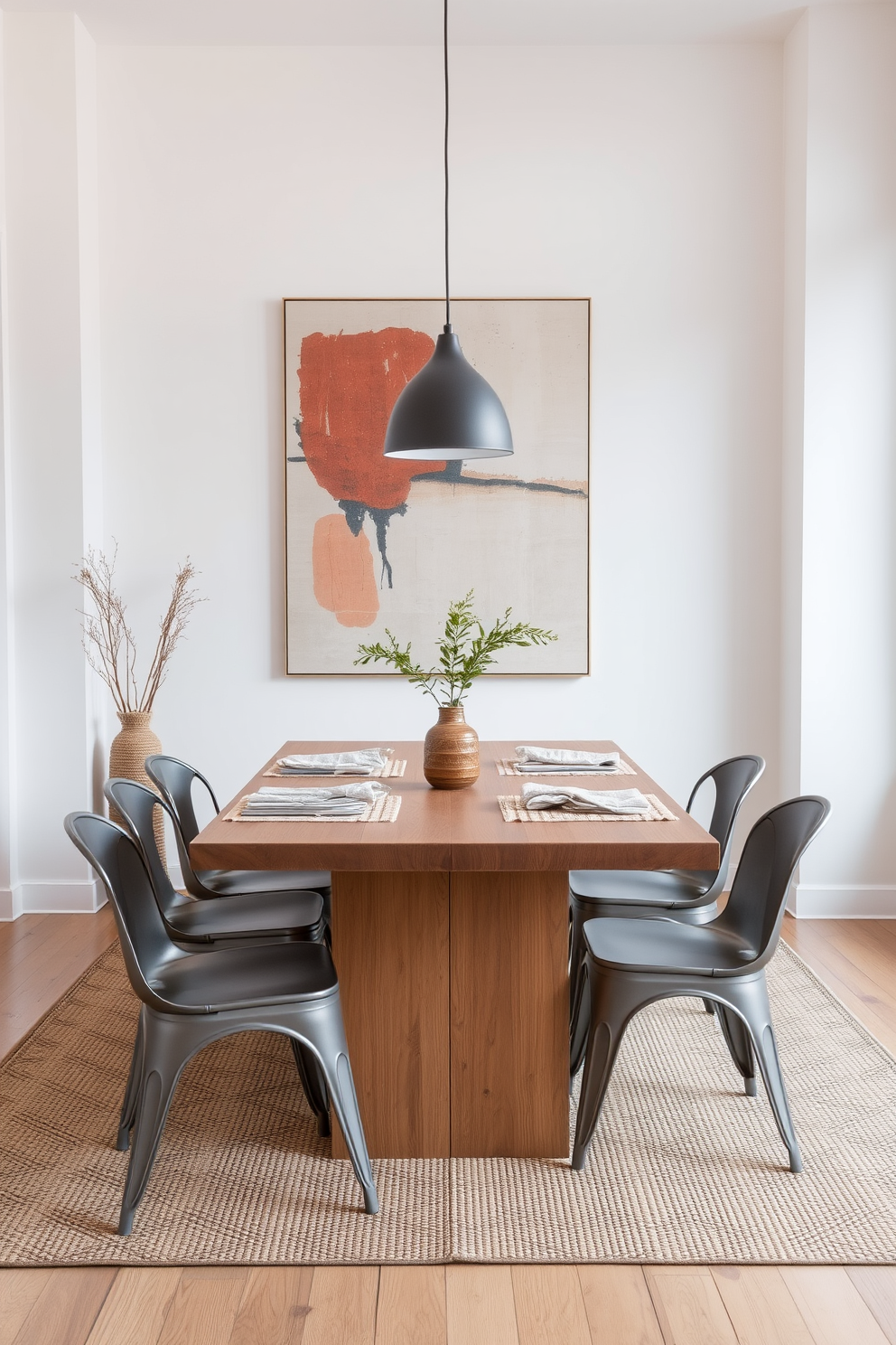 A minimalist dining room features a sleek wooden table paired with metal chairs that have a matte finish. The walls are painted in soft white, and a large abstract artwork hangs above the table, adding a pop of color. Textured elements such as a woven rug underfoot and linen napkins on the table enhance the visual appeal. Soft ambient lighting from a pendant lamp creates a warm and inviting atmosphere for dining.