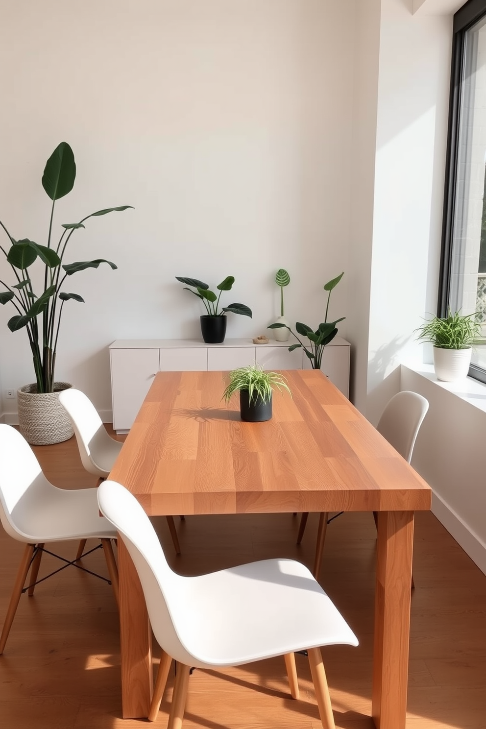 A minimalist dining room features a sleek wooden table with clean lines and no visible hardware. Surrounding the table are simple, modern chairs in a neutral color, creating an inviting yet uncluttered space. To enhance the ambiance, strategically placed indoor plants add a touch of nature and freshness. These plants are housed in stylish pots that complement the overall design, bringing life and warmth to the minimalist aesthetic.