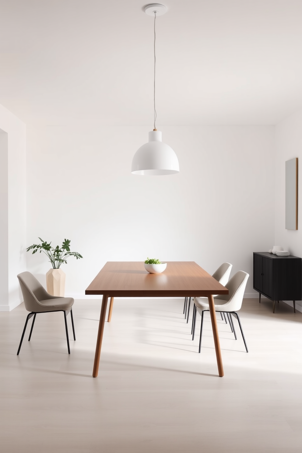 A minimalist dining room features low-profile furniture that enhances the spacious feel of the area. A sleek wooden dining table with thin legs is surrounded by simple, upholstered chairs that maintain an open and airy atmosphere. The walls are painted in a soft white hue, creating a bright and inviting backdrop. A large pendant light hangs above the table, adding a touch of elegance without overwhelming the space.