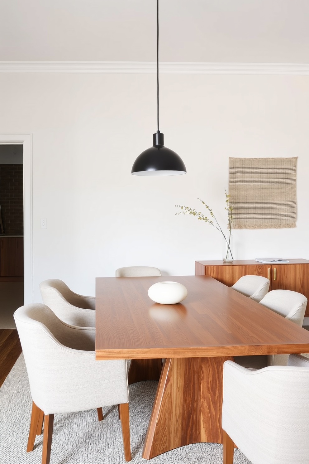 A minimalist dining room features a sleek wooden table with clean lines surrounded by simple upholstered chairs in a soft neutral tone. The walls are adorned with subtle patterned textiles that add warmth without overwhelming the space, complemented by a single statement pendant light hanging above the table.