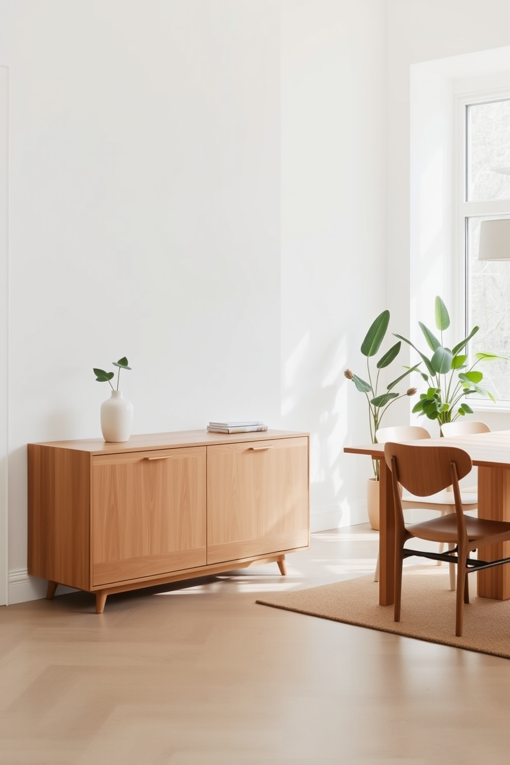 A streamlined sideboard for storage is positioned against a clean white wall. The sideboard features a smooth wooden finish with sleek handles and ample storage space for dining essentials. In the minimalist dining room, a simple wooden table is surrounded by understated chairs. Soft natural light filters through large windows, creating an inviting atmosphere with a few decorative plants placed strategically around the room.