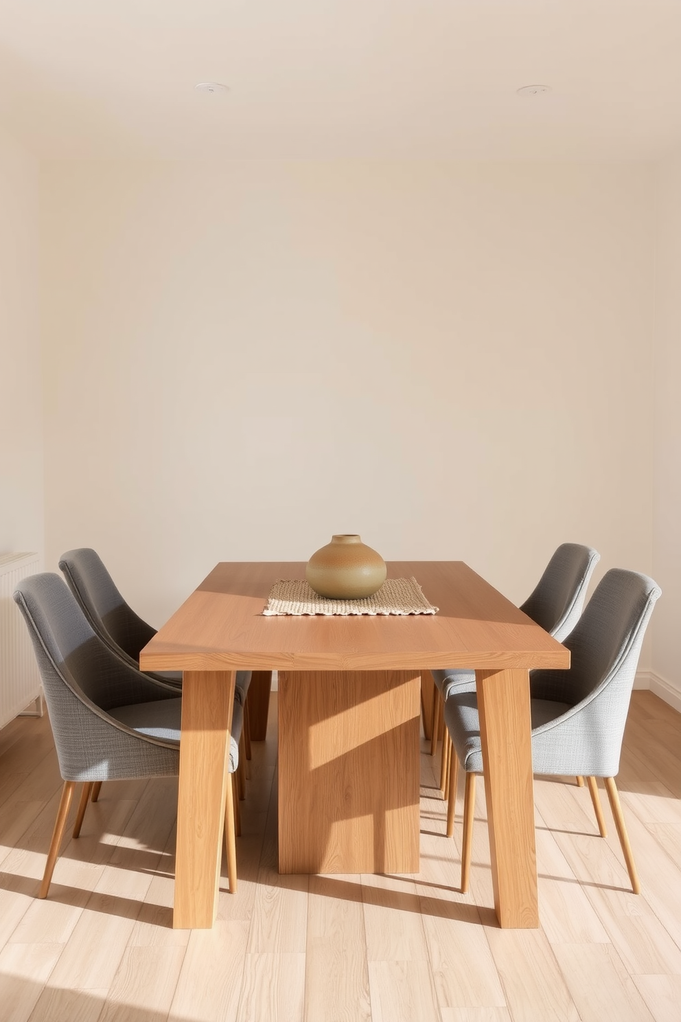 A minimalist dining room featuring large windows that allow an abundance of natural light to fill the space. The room includes a sleek, rectangular wooden dining table surrounded by modern chairs, all set against a backdrop of soft, neutral-colored walls.