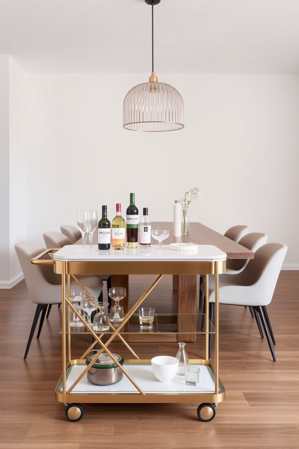 A sleek minimalist bar cart designed for entertaining. The cart features a clean white surface with gold accents and is stocked with elegant glassware and a selection of premium spirits. A modern minimalist dining room with a long wooden table. Surrounding the table are simple, stylish chairs in neutral tones, complemented by a statement pendant light overhead.