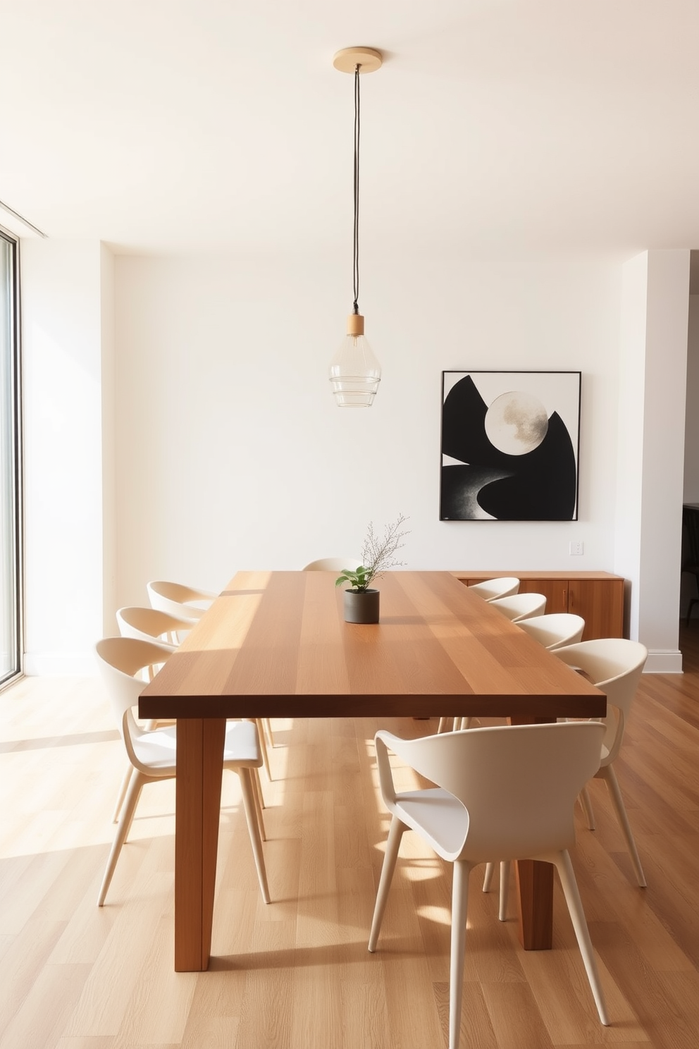 A minimalist dining room features a sleek wooden dining table surrounded by minimalist chairs. Above the table, simple pendant lights hang gracefully, providing warm illumination and enhancing the room's airy atmosphere.