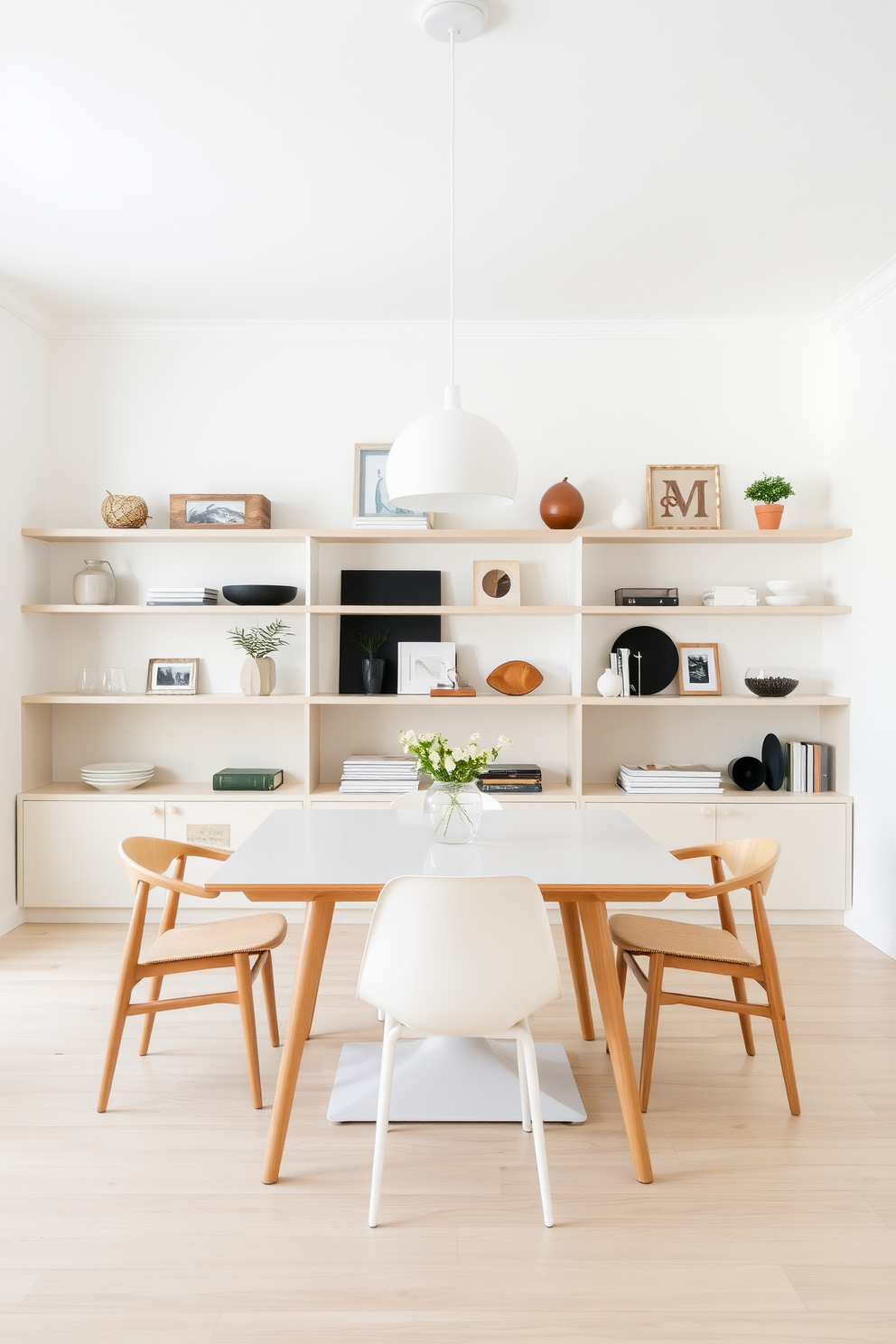 A minimalist dining room featuring monochromatic decor that emphasizes texture contrasts. The walls are painted in a soft gray hue, and the dining table is a sleek black with a matte finish. Surrounding the table are white chairs with a textured fabric, adding depth to the space. A large pendant light hangs above, casting warm light and creating an inviting atmosphere.