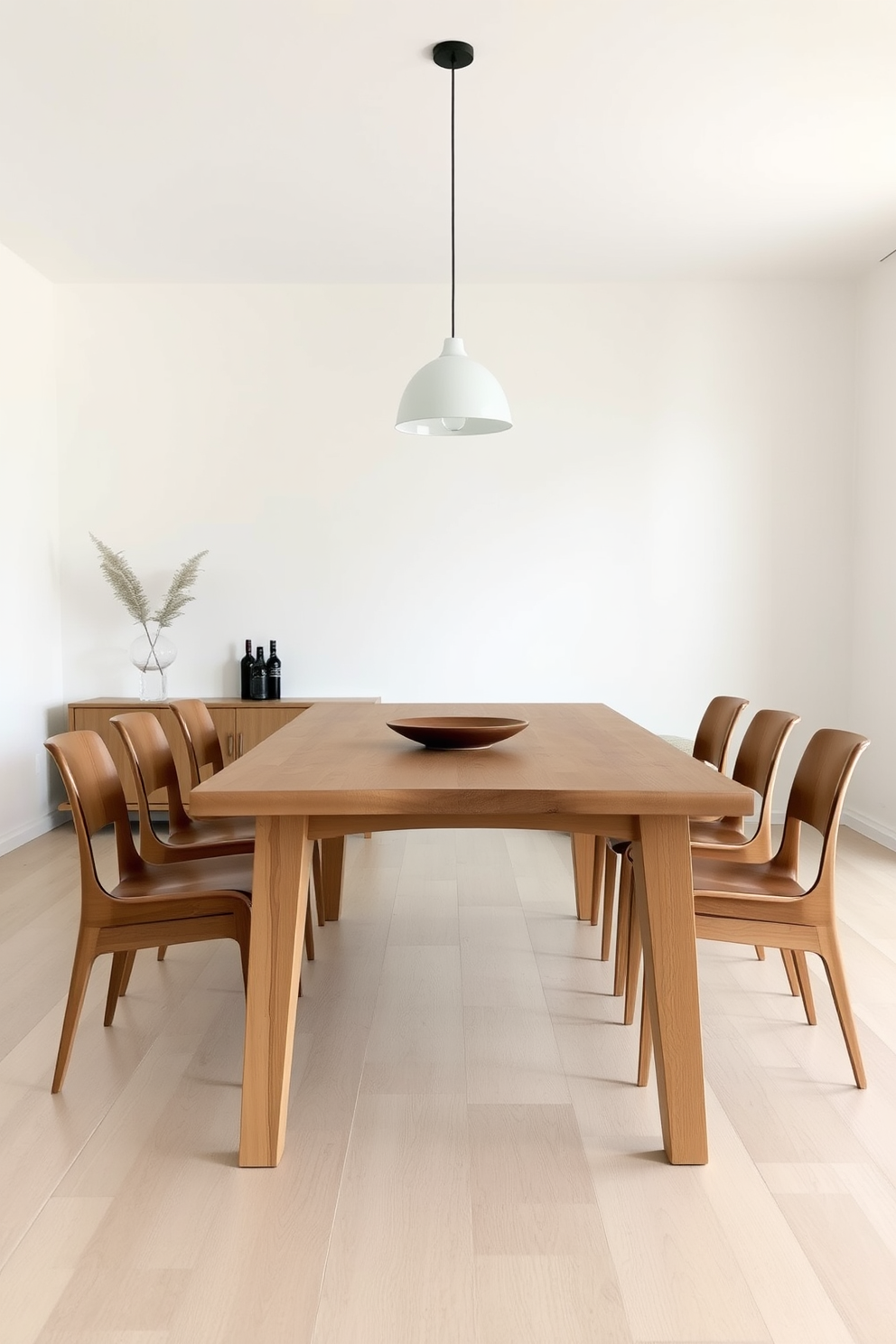 A minimalist dining room features open shelving that elegantly displays a curated selection of dishware. The shelves are made of light wood and are positioned against a soft white wall, creating a clean and airy atmosphere.