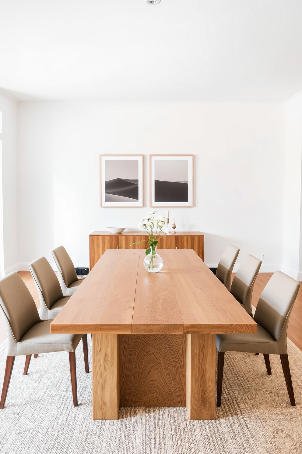 A minimalist dining room features a sleek wooden table surrounded by simple, modern chairs. Floor-to-ceiling curtains in a soft, neutral fabric frame the large windows, adding an element of elegance to the space.