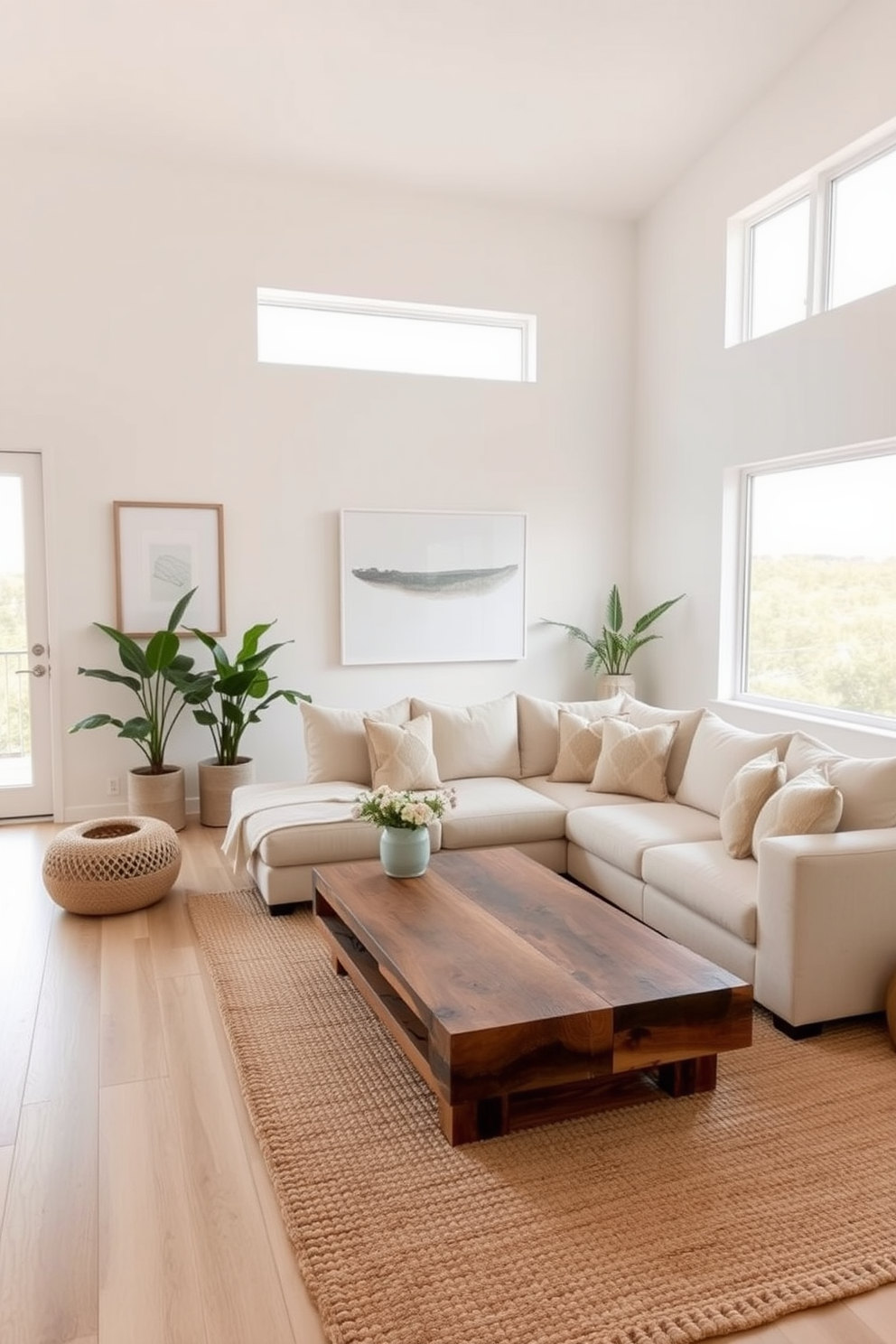 A minimalist family room featuring a neutral color palette with soft beige and light gray tones. The space includes a plush sectional sofa adorned with textured throw pillows, a sleek coffee table made of reclaimed wood, and a woven area rug that adds warmth to the room. Large windows allow natural light to flood the area, highlighting the simplicity of the decor. A few carefully selected indoor plants bring a touch of nature indoors, while minimalist artwork adorns the walls, creating a serene atmosphere.