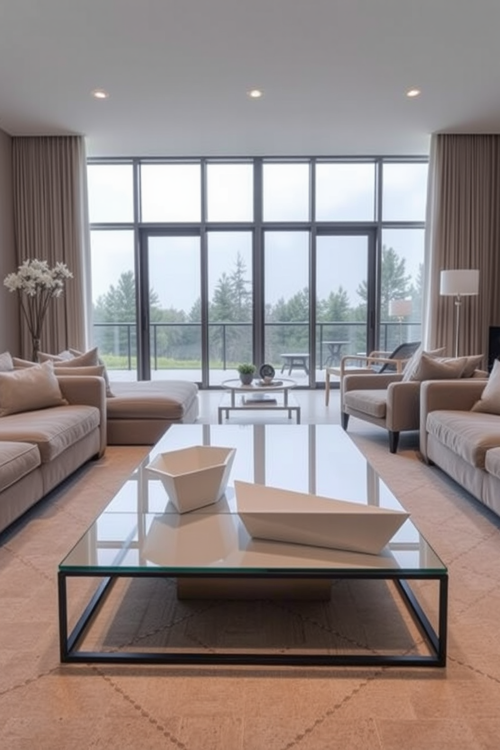 A minimalist coffee table featuring geometric shapes sits at the center of the room. The table is crafted from glass and metal, offering a sleek and airy feel. The family room is designed with a neutral color palette and comfortable seating. Large windows allow natural light to flood the space, enhancing the minimalist aesthetic.