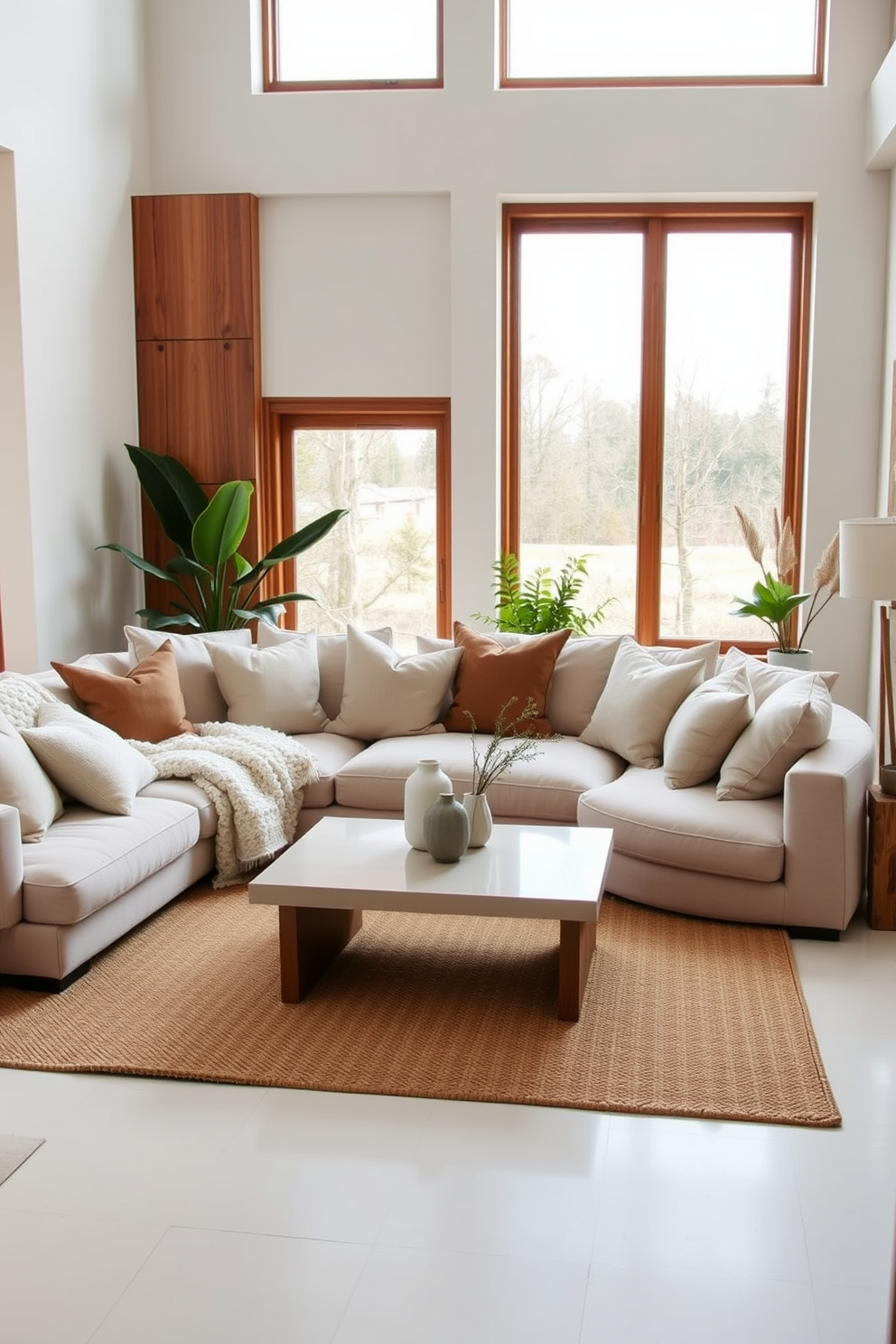 Cozy seating with oversized cushions creates an inviting atmosphere in a minimalist family room. The space features a large, plush sectional sofa adorned with soft, textured throws and an assortment of oversized cushions in neutral tones. A sleek coffee table sits at the center, complementing the simplicity of the design. Natural light floods the room through large windows, highlighting the warm wooden accents and the subtle greenery from potted plants placed around the space.