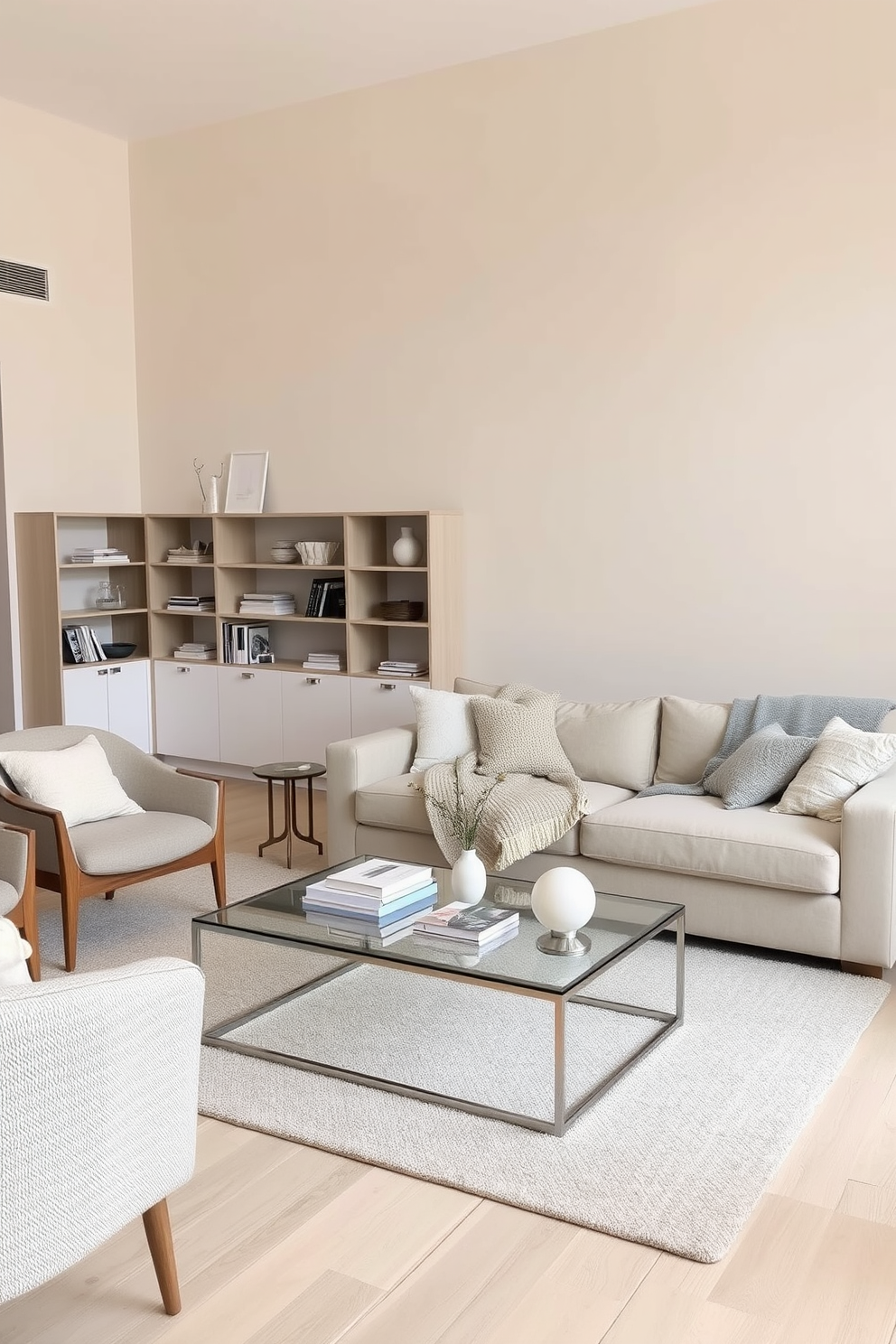 A minimalist family room features a neutral color palette with soft beige walls and a light wood floor. A large, comfortable sofa is adorned with textured throws in varying shades of cream and gray, adding depth to the space. The room is anchored by a sleek coffee table made of glass and metal, surrounded by a few modern armchairs. A simple bookshelf displays curated decor items and a few family photos, creating a warm and inviting atmosphere.