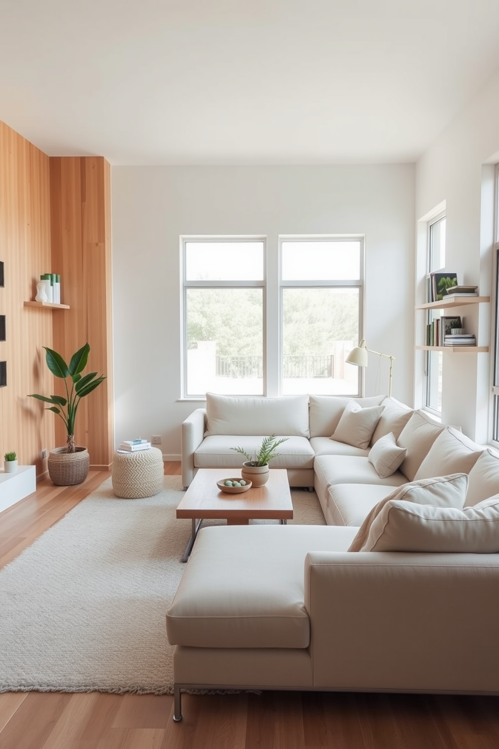 A minimalist family room featuring light wood accents creates a warm and inviting atmosphere. The room is furnished with a large, comfortable sectional sofa in soft neutral tones, complemented by a sleek wooden coffee table and a cozy area rug. Large windows allow natural light to flood the space, highlighting the clean lines and simple decor. A few carefully chosen plants add a touch of greenery, while wall-mounted shelves display curated books and decorative items.