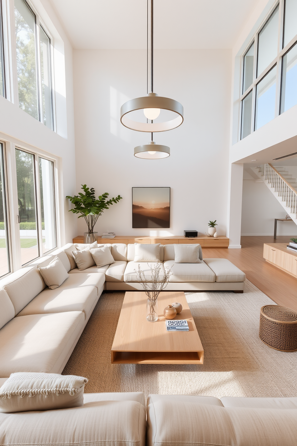 A serene family room designed with minimalist principles. The space features a neutral color palette with a large, comfortable sectional sofa and a sleek coffee table made of light wood. Elegant lighting fixtures hang from the ceiling, providing soft illumination and enhancing the room's airy feel. Large windows allow natural light to flood the space, complemented by simple yet stylish decor elements.