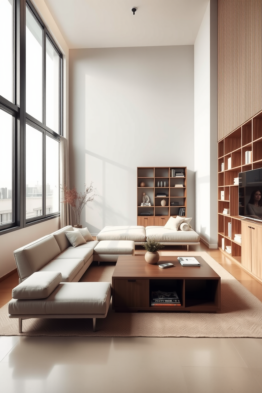 A minimalist family room featuring multi-purpose furniture that maximizes space and functionality. The room includes a sleek sofa that converts into a bed, a coffee table with hidden storage, and a modular shelving unit that can be rearranged as needed. The color palette consists of soft neutrals and earthy tones, creating a calming atmosphere. Large windows allow natural light to flood the space, highlighting the simplicity of the design while maintaining a cozy and inviting feel.