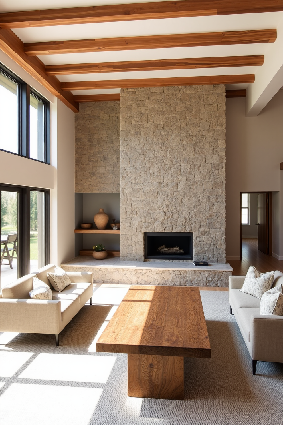 A minimalist family room featuring natural materials like stone and wood. The space includes a large stone fireplace as the focal point, complemented by wooden beams on the ceiling. The furniture consists of a simple, low-profile sofa in neutral tones and a reclaimed wood coffee table. Large windows allow natural light to flood the room, highlighting the earthy textures throughout.