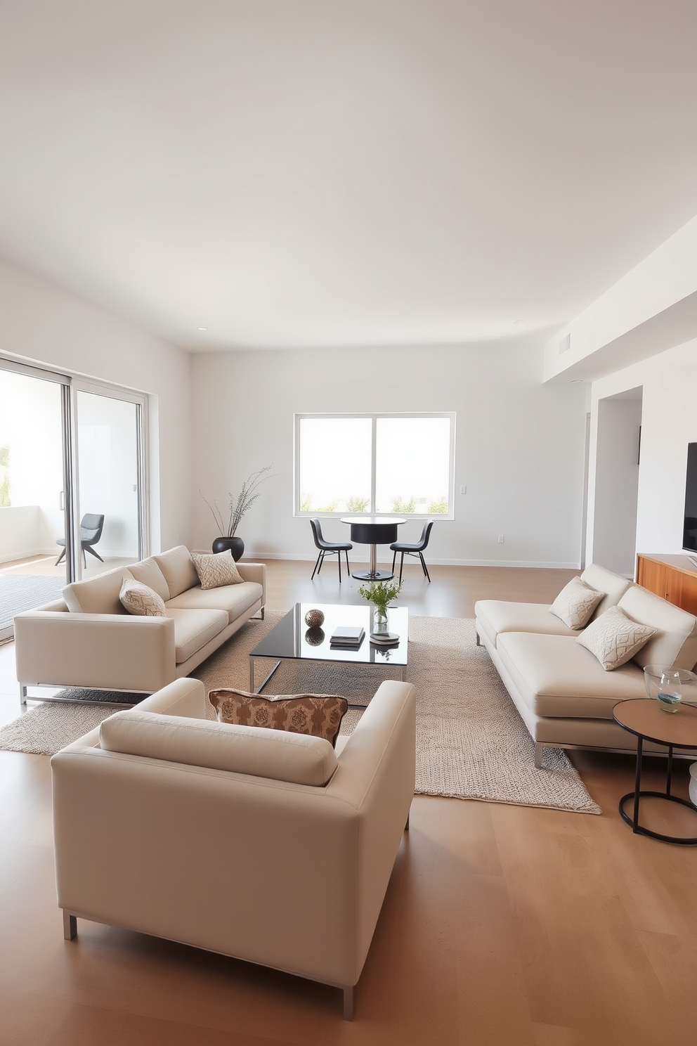 A minimalist family room features sleek furniture with clean lines that create an open and airy atmosphere. The color palette includes soft neutrals and subtle accents, allowing for a serene and inviting space. A large sectional sofa in a light fabric anchors the room, complemented by a simple coffee table made of glass and metal. Floor-to-ceiling windows allow natural light to flood the space, enhancing the minimalist aesthetic.