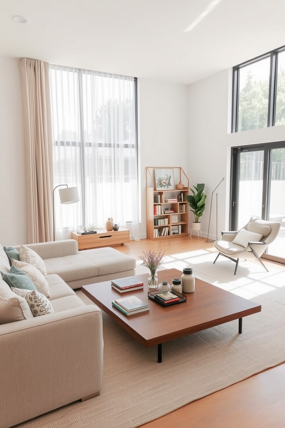 A serene family room featuring natural materials like stone and wood. The space includes a large stone fireplace as the focal point, complemented by warm wooden beams on the ceiling. The furniture consists of a sleek, low-profile sofa in neutral tones paired with a reclaimed wood coffee table. Large windows allow ample natural light to flood the room, enhancing the minimalist aesthetic.