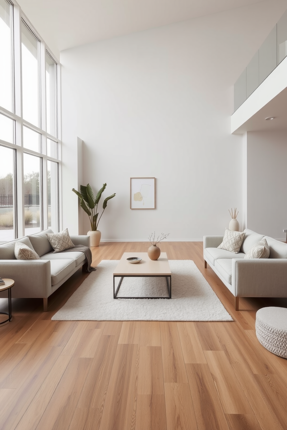 A minimalist family room design features open shelves that are free of clutter, creating a sense of spaciousness and tranquility. The walls are painted in a soft white, and a large, comfortable sectional sofa sits in the center, adorned with a few textured throw pillows. Natural light floods the room through large windows, enhancing the airy atmosphere. A simple coffee table made of light wood is placed in front of the sofa, accompanied by a single, stylish plant that adds a touch of greenery.