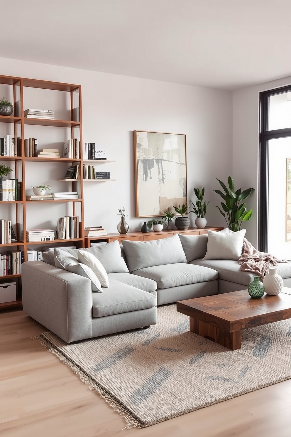 Artful arrangement of books and decor. A sleek wooden bookshelf occupies one wall, filled with an eclectic mix of books and curated decorative objects. Soft, neutral-colored furnishings create a cozy atmosphere, while a large abstract painting adds a pop of color above the sofa. A textured area rug anchors the space, and strategically placed plants bring life and freshness to the room. Minimalist Family Room Design Ideas. The family room features a clean-lined sectional sofa in a soft gray fabric, paired with a simple coffee table made of reclaimed wood. Large windows allow natural light to flood the space, while a muted color palette of whites and beiges enhances the serene ambiance. A few carefully chosen accessories, like a single vase and a cozy throw blanket, complete the uncluttered look.