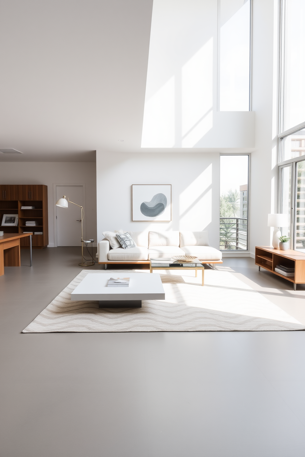 A minimalist family room features a large sectional sofa in a soft neutral fabric, positioned to face a sleek, low-profile coffee table made of light wood. The walls are painted in a crisp white, and large windows allow natural light to flood the space, complemented by strategically placed mirrors that enhance light reflection. A simple yet elegant area rug anchors the seating arrangement, while a few carefully selected decorative pillows add a touch of color. On one side of the room, a minimalist bookshelf showcases a curated selection of books and decorative objects, maintaining the clean aesthetic of the design.