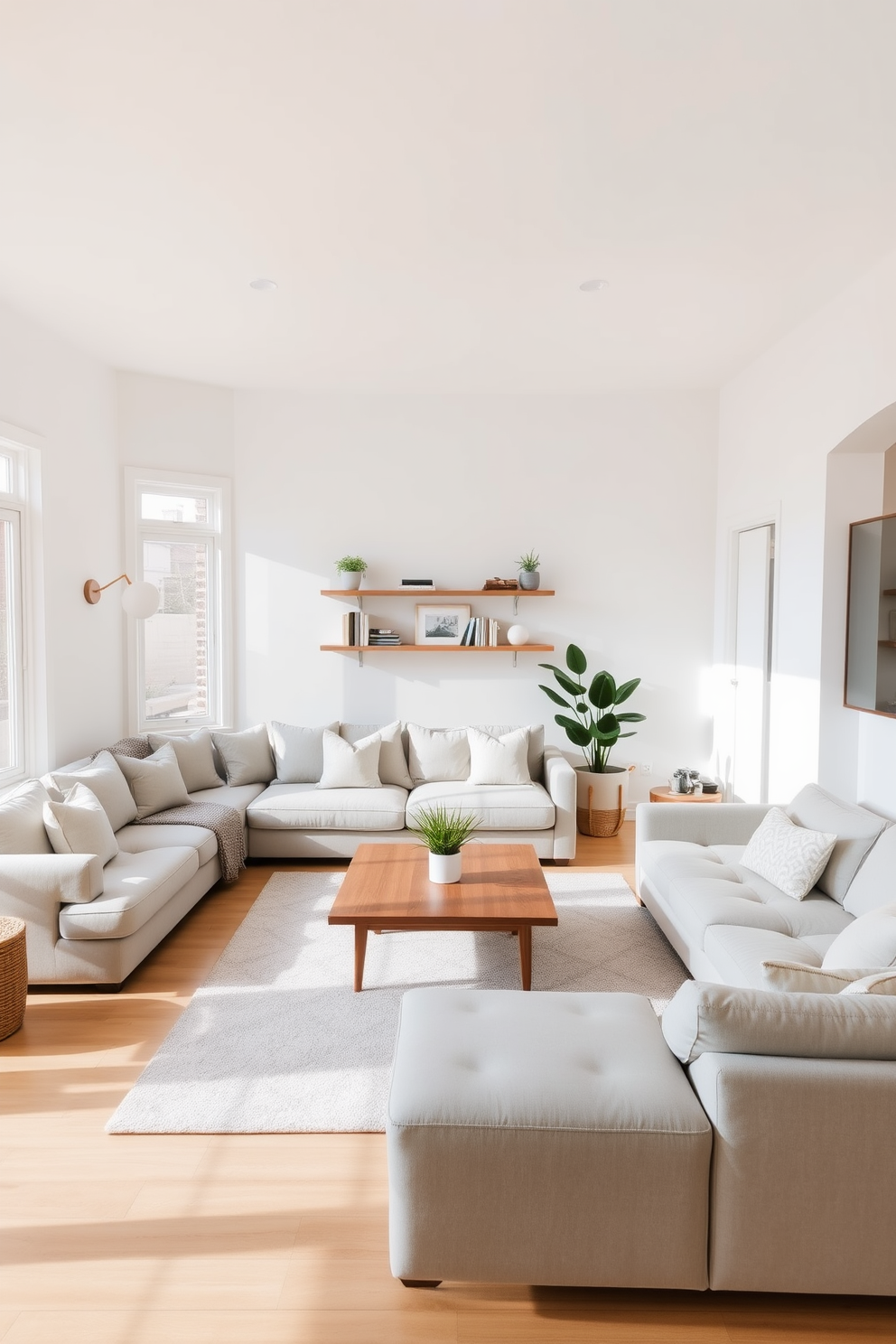 A minimalist family room featuring a spacious layout with a large sectional sofa positioned centrally to encourage conversation. A sleek coffee table sits in front of the sofa, while a low-profile media console is placed against the wall, providing storage without clutter. In one corner, a cozy reading nook is created with a comfortable armchair and a small side table, perfect for relaxation. Natural light floods the room through large windows, highlighting the neutral color palette and clean lines of the furniture.