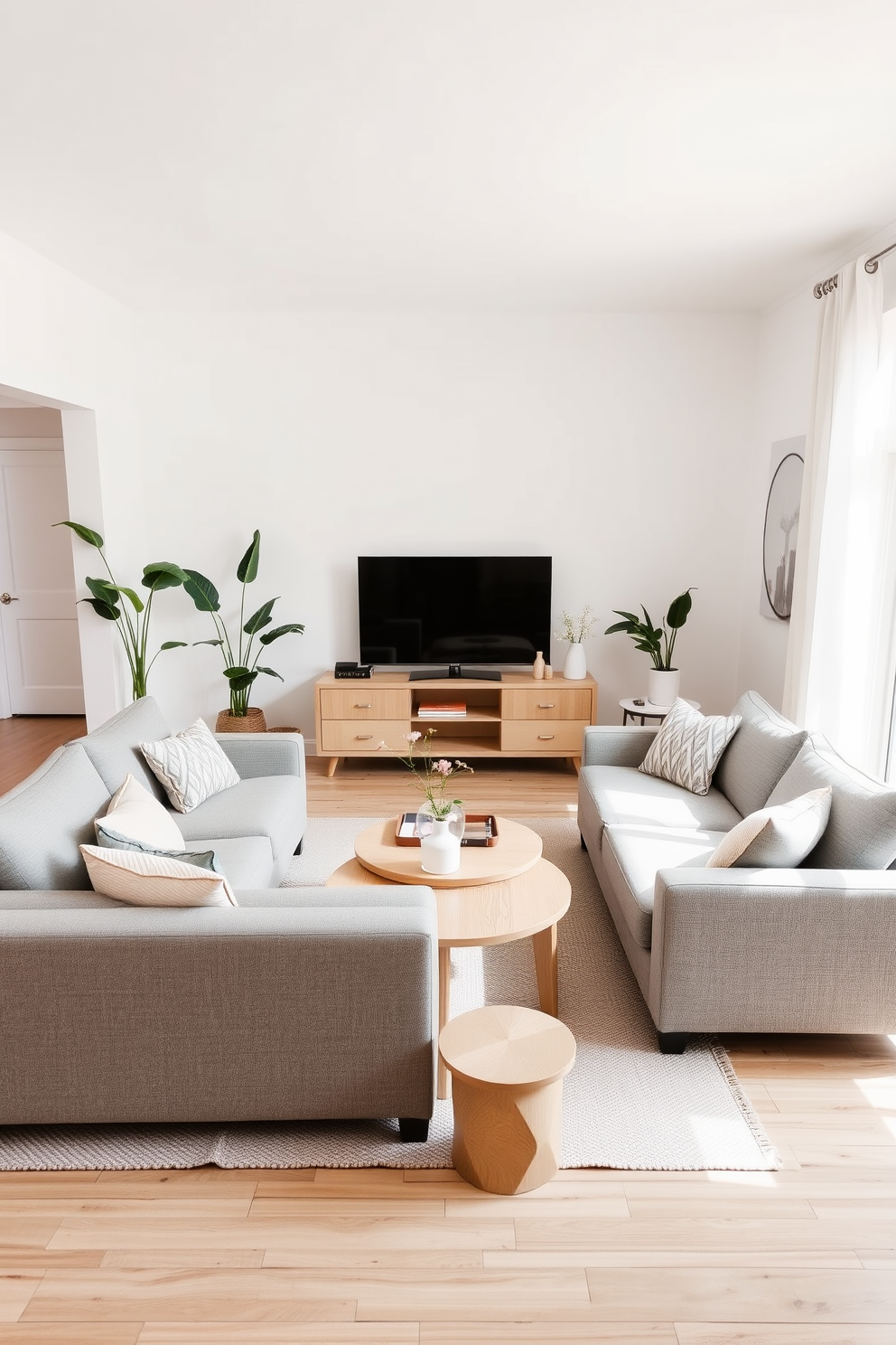 A minimalist family room featuring a large sectional sofa in soft gray fabric positioned around a simple wooden coffee table. The walls are painted in a warm white tone, and a large area rug in a neutral color anchors the seating area. Warm lighting fixtures hang from the ceiling, casting a soft glow throughout the space. A few carefully selected decorative items are placed on open shelves, adding a personal touch without overwhelming the design.