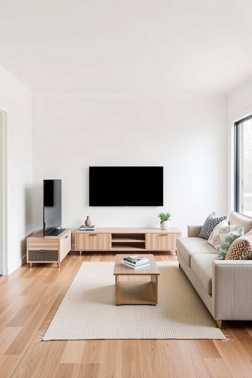 A minimalist media center featuring a sleek low-profile TV stand crafted from light wood. The wall behind the media center is painted in a soft white, highlighting the clean lines and simplicity of the design. A cozy family room designed with a neutral color palette and a large sectional sofa adorned with textured throw pillows. Large windows allow natural light to flood the space, complemented by a simple area rug that adds warmth to the wooden floor.