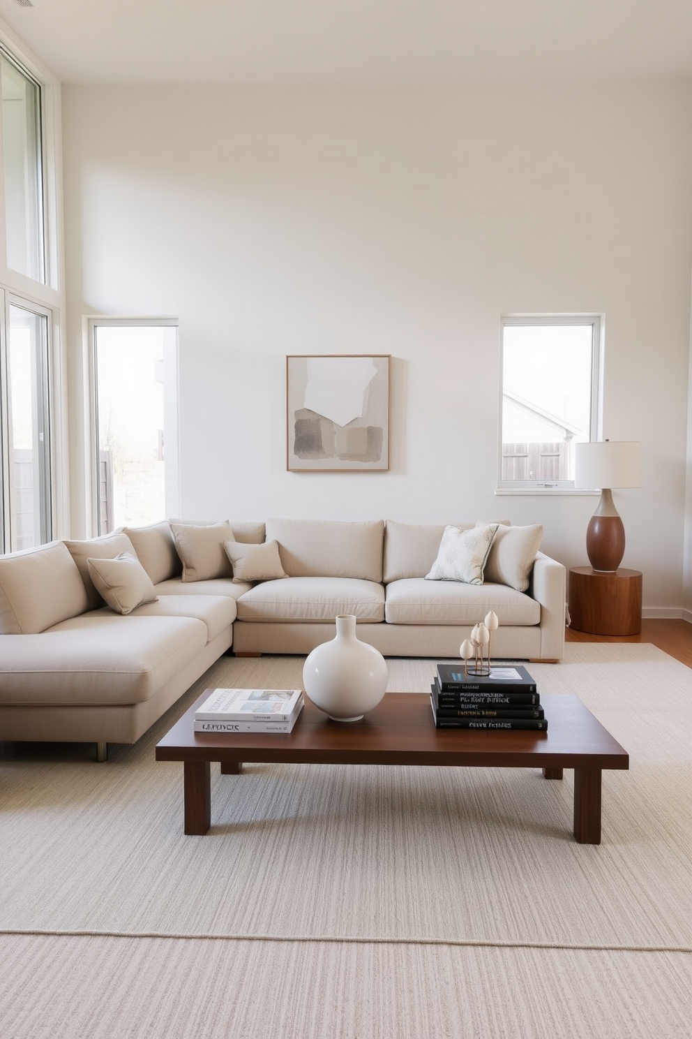 A serene family room features soft, flowing curtains in a light fabric that gently frame a large window, allowing natural light to filter through. The color palette is neutral, with a plush sofa and accent chairs arranged around a sleek coffee table, creating a welcoming space for relaxation. The minimalist design emphasizes clean lines and functional furniture, with a low-profile media console against the wall and a few carefully selected decorative pieces. A large area rug anchors the seating arrangement, adding warmth and texture to the room while maintaining an airy feel.