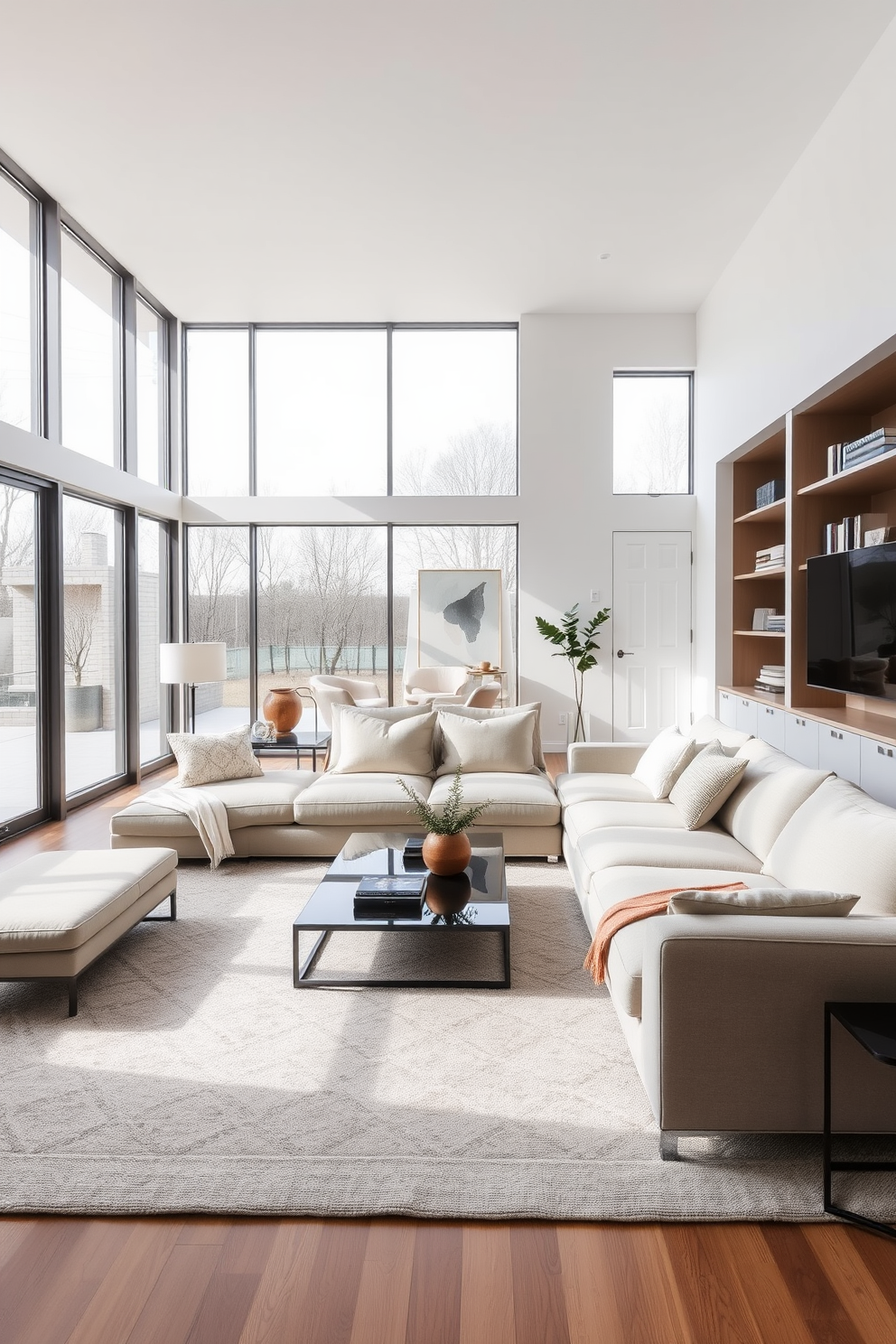 A serene family room featuring a spacious layout that emphasizes both comfort and functionality. The design incorporates a large sectional sofa in neutral tones paired with a sleek coffee table, creating an inviting gathering space. Natural light floods the room through expansive windows, highlighting a carefully curated selection of minimalist decor. A soft area rug anchors the seating area, while built-in shelves display books and personal mementos, enhancing the room's warmth and character.