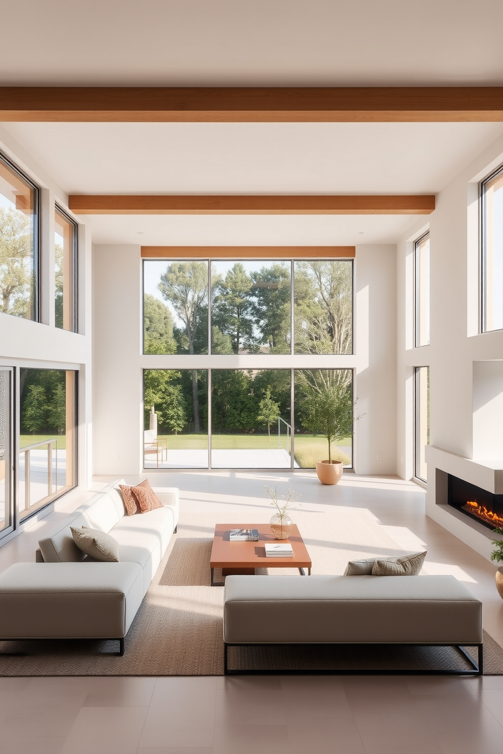 A minimalist family room featuring a neutral color palette with soft beige walls and light wood flooring. A large, comfortable sectional sofa is positioned in the center, adorned with a few textured throw pillows. Incorporate a statement coffee table made of reclaimed wood, surrounded by a pair of sleek, modern armchairs. Lush green plants are strategically placed in the corners and on shelves to bring a fresh touch to the space.