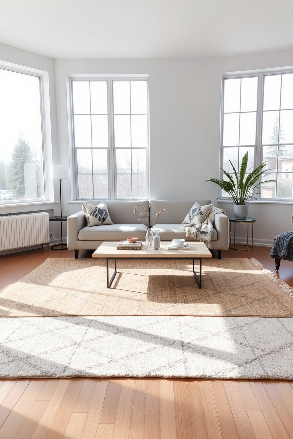 A minimalist family room features layered rugs that add warmth and comfort to the space. The room is designed with a neutral color palette, showcasing a sleek sofa and a simple coffee table at the center. Large windows allow natural light to flood the area, enhancing the airy feel. Accent cushions and a stylish throw blanket provide subtle pops of color and texture.