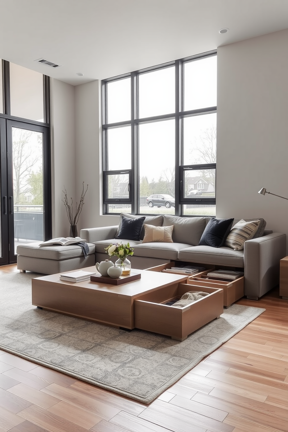 A minimalist family room features a sleek design with a harmonious blend of wood and metal accents. The room is anchored by a low-profile wooden coffee table paired with metal legs, surrounded by a comfortable sectional sofa in neutral tones. On one side, a wooden media console holds a large flat-screen TV, while metal shelving units display curated decor items. Large windows allow natural light to flood the space, enhancing the airy atmosphere and highlighting the simplicity of the design.