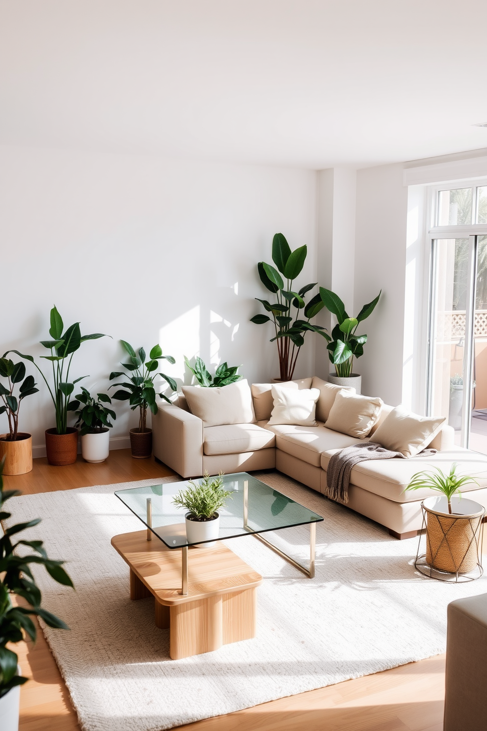 A serene family room filled with natural light. There are several indoor plants placed strategically around the space, adding a touch of nature to the minimalist design. The room features a comfortable sectional sofa in neutral tones and a sleek coffee table made of glass and wood. The walls are painted white, and a soft area rug in a light color anchors the seating area.