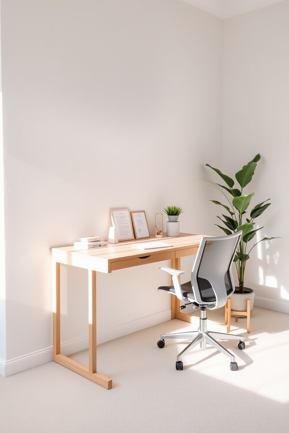 A sleek desk with a natural wood finish sits against a light gray wall, complemented by a stylish ergonomic chair. The desk is adorned with minimalistic decor, including a small potted plant and a modern desk lamp, creating a serene workspace. Large windows allow ample natural light to flood the room, enhancing the airy atmosphere. A plush area rug in a neutral tone adds warmth to the minimalist home office design.