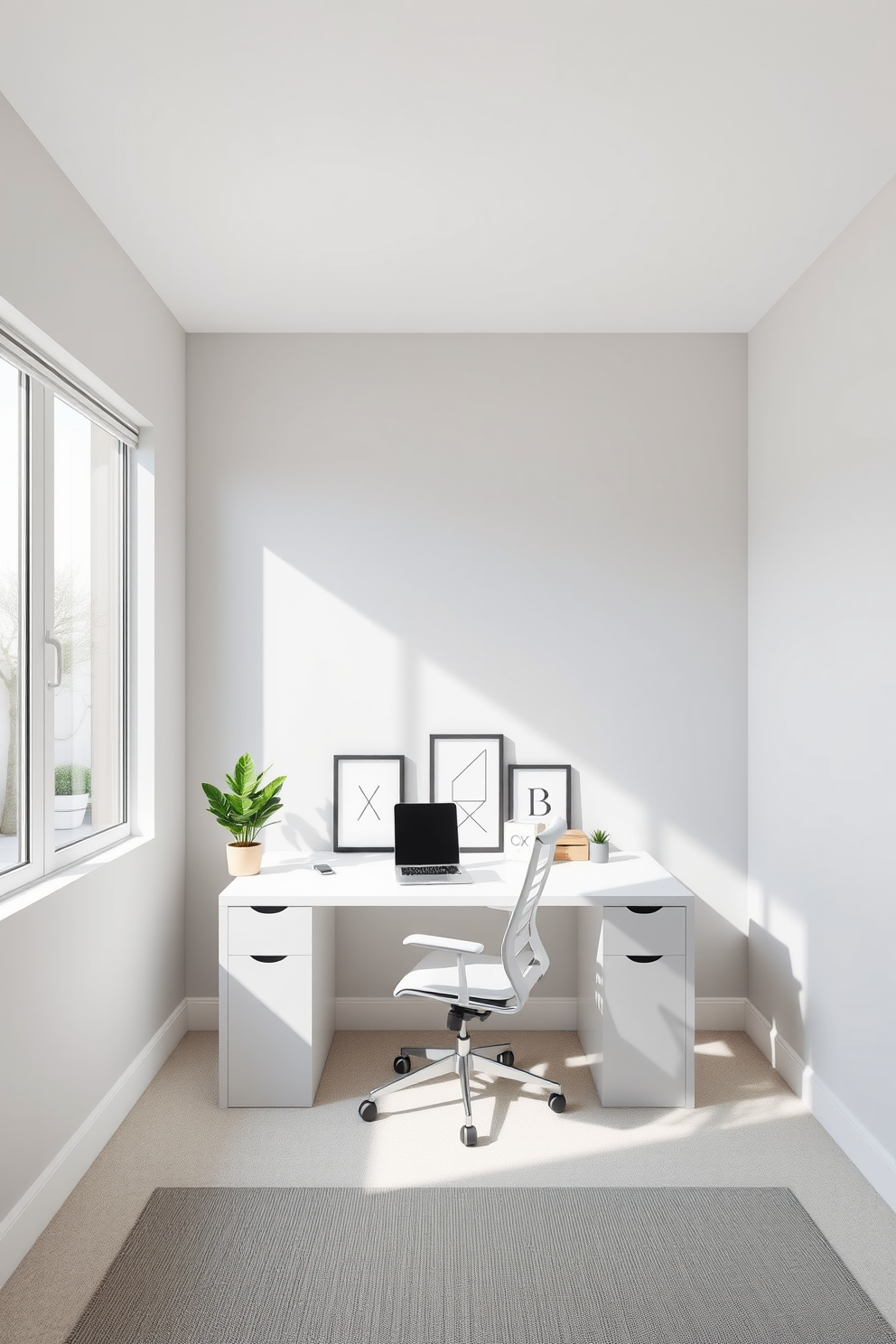 A minimalist home office featuring a sleek white desk with clean lines and a comfortable ergonomic chair. The walls are painted in a soft gray, and a large window allows natural light to flood the space, highlighting simple geometric patterns in the decor. On the desk, a few carefully selected decorative items add personality without cluttering the space. A potted plant sits in the corner, bringing a touch of greenery and life to the minimalist aesthetic.