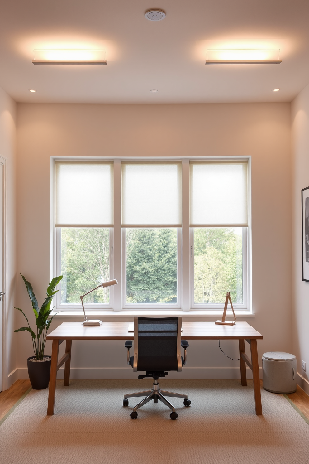 A set of sleek minimalist lighting fixtures illuminates the room with a warm glow. Each fixture features clean lines and a subtle finish that enhances the overall elegance of the space. The minimalist home office design incorporates a simple desk with a natural wood finish and a comfortable ergonomic chair. Large windows allow ample natural light to flood the area, creating an inspiring and productive atmosphere.