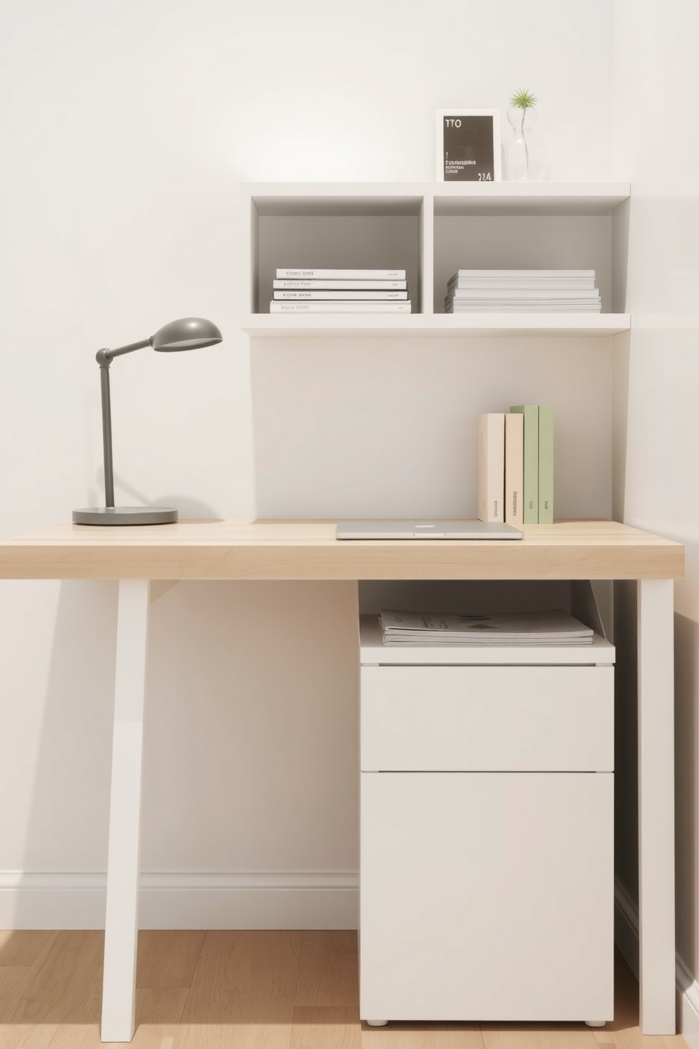 A clean and organized desk setup featuring sleek minimalist accessories. A simple pen holder made of clear acrylic sits beside a small potted succulent on the desk. The workspace is designed with a neutral color palette, emphasizing functionality and simplicity. A floating shelf above the desk holds a few essential books and a stylish clock, maintaining a clutter-free environment.