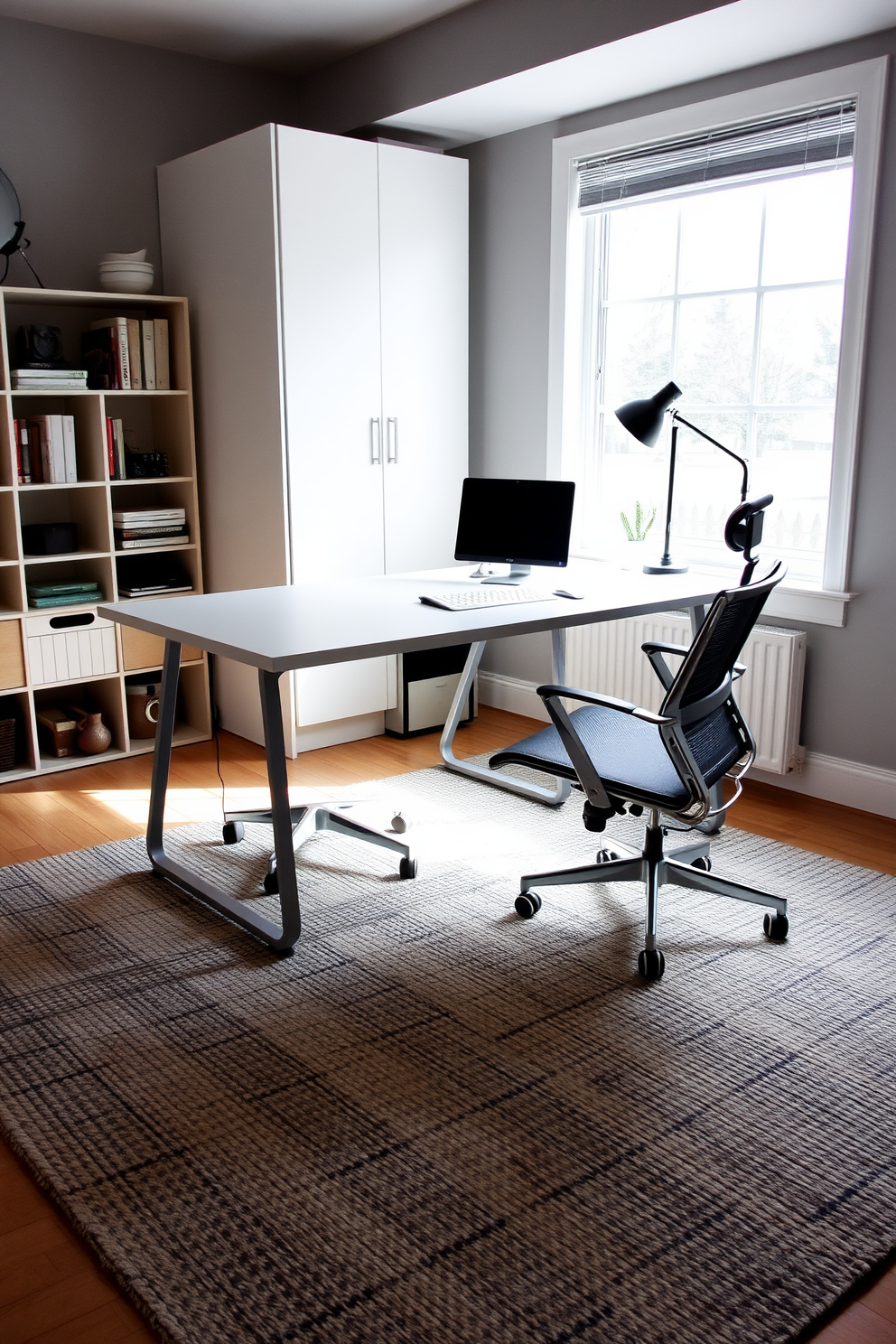 A bright and airy home office featuring a large window that floods the space with natural light. The room is designed with a minimalist aesthetic, showcasing a sleek desk, a comfortable chair, and simple shelving for organization.