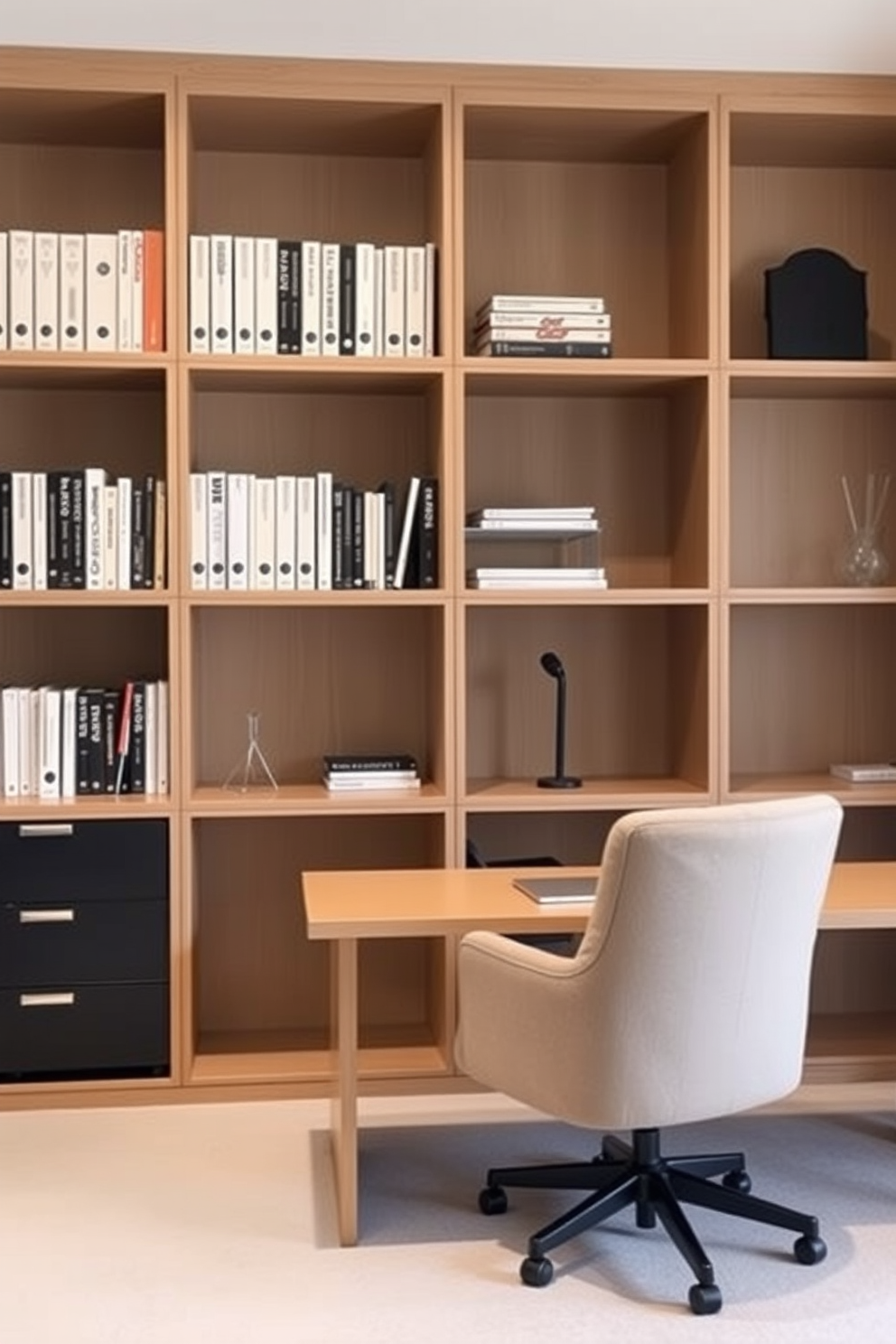 A minimalist home office features open shelving for easy access to books and supplies. The workspace is designed with a sleek desk, a comfortable chair, and a neutral color palette to promote focus and productivity.