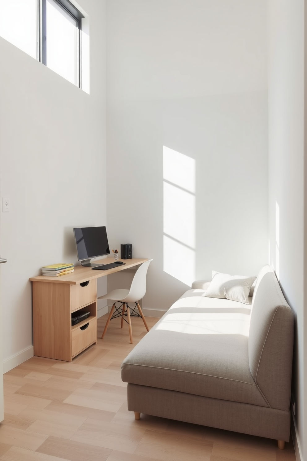 A sleek and modern home office featuring a compact desk that doubles as a storage unit. The room is adorned with a comfortable chair that can easily transform into a guest bed when needed. Natural light floods in through a large window, enhancing the airy feel of the space. The walls are painted in a soft white, and the floor is covered with a light wood laminate for a clean, minimalist look.