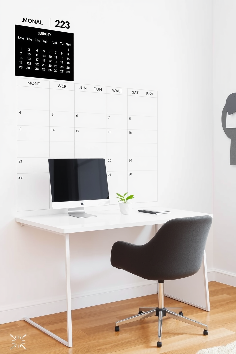 A minimalist calendar for planning tasks. The design features a clean white background with simple black text for dates and tasks. Minimalist home office design ideas. The workspace includes a sleek desk with a single plant and a comfortable chair, emphasizing functionality and simplicity.