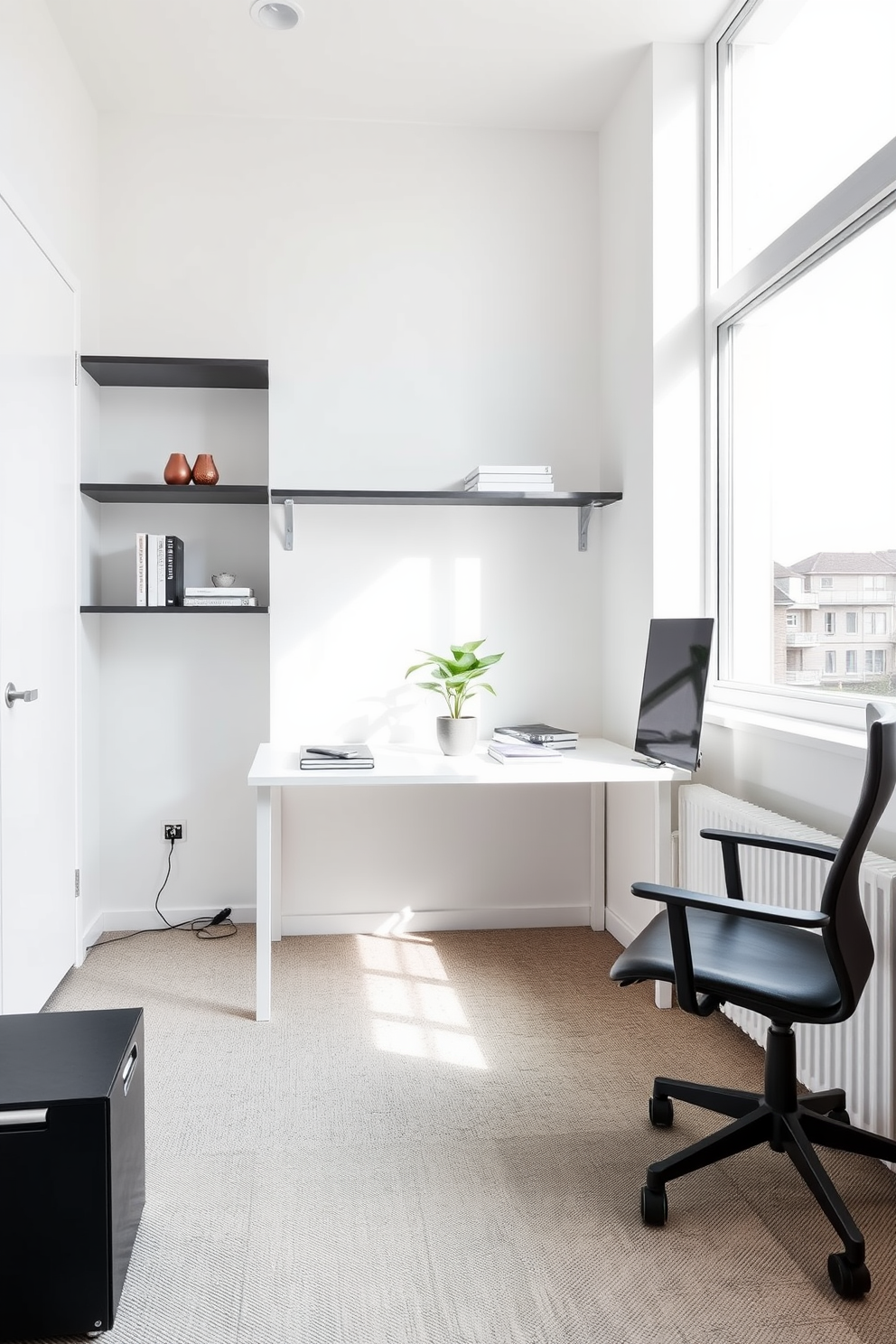 A clean and functional minimalist home office design features a sleek desk with a natural wood finish positioned against a light gray wall. Above the desk, functional wall hooks are neatly arranged to provide easy access to frequently used items like headphones and bags, enhancing the workspace's organization.