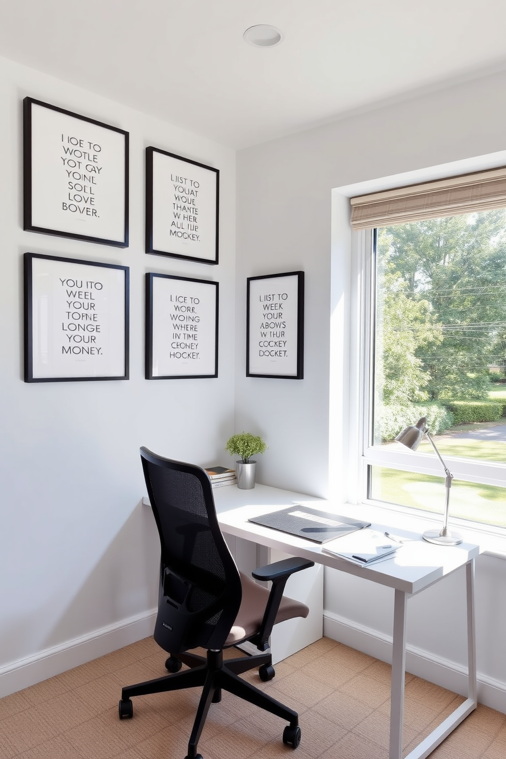 A minimalist home office design featuring framed inspirational quotes on the walls. The workspace includes a sleek desk with a comfortable ergonomic chair and ample natural light streaming through a large window.