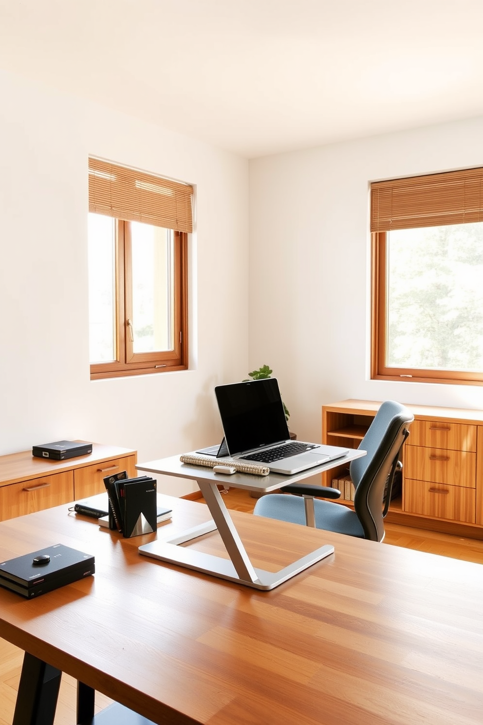 A sleek laptop stand made of brushed aluminum elevates the device to eye level, promoting better posture and comfort during long working hours. The minimalist home office features a simple wooden desk with clean lines, paired with a comfortable ergonomic chair and ample natural light streaming through a large window.