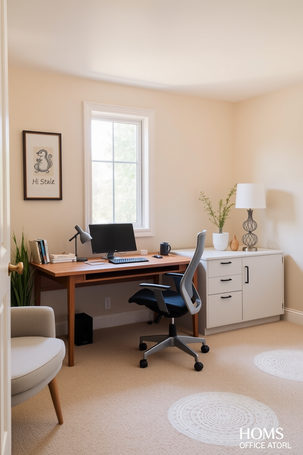 A serene home office space featuring a neutral color palette to create a calming effect. The room includes a sleek white desk with a simple black chair, complemented by soft beige walls and light wood flooring. Natural light floods the room through large windows adorned with sheer white curtains. A few potted plants are strategically placed to add a touch of greenery and enhance the minimalist aesthetic.