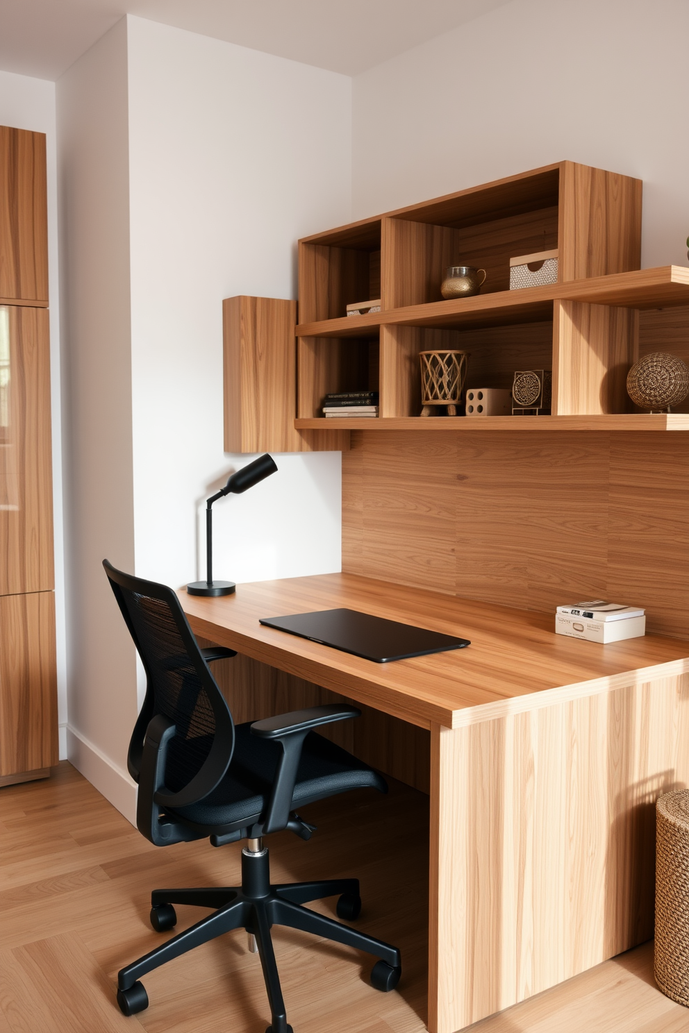 A minimalist home office featuring a sleek wooden desk with clean lines and a comfortable ergonomic chair. The space is adorned with wooden accent pieces such as shelves and decorative organizers, creating a warm and inviting atmosphere.