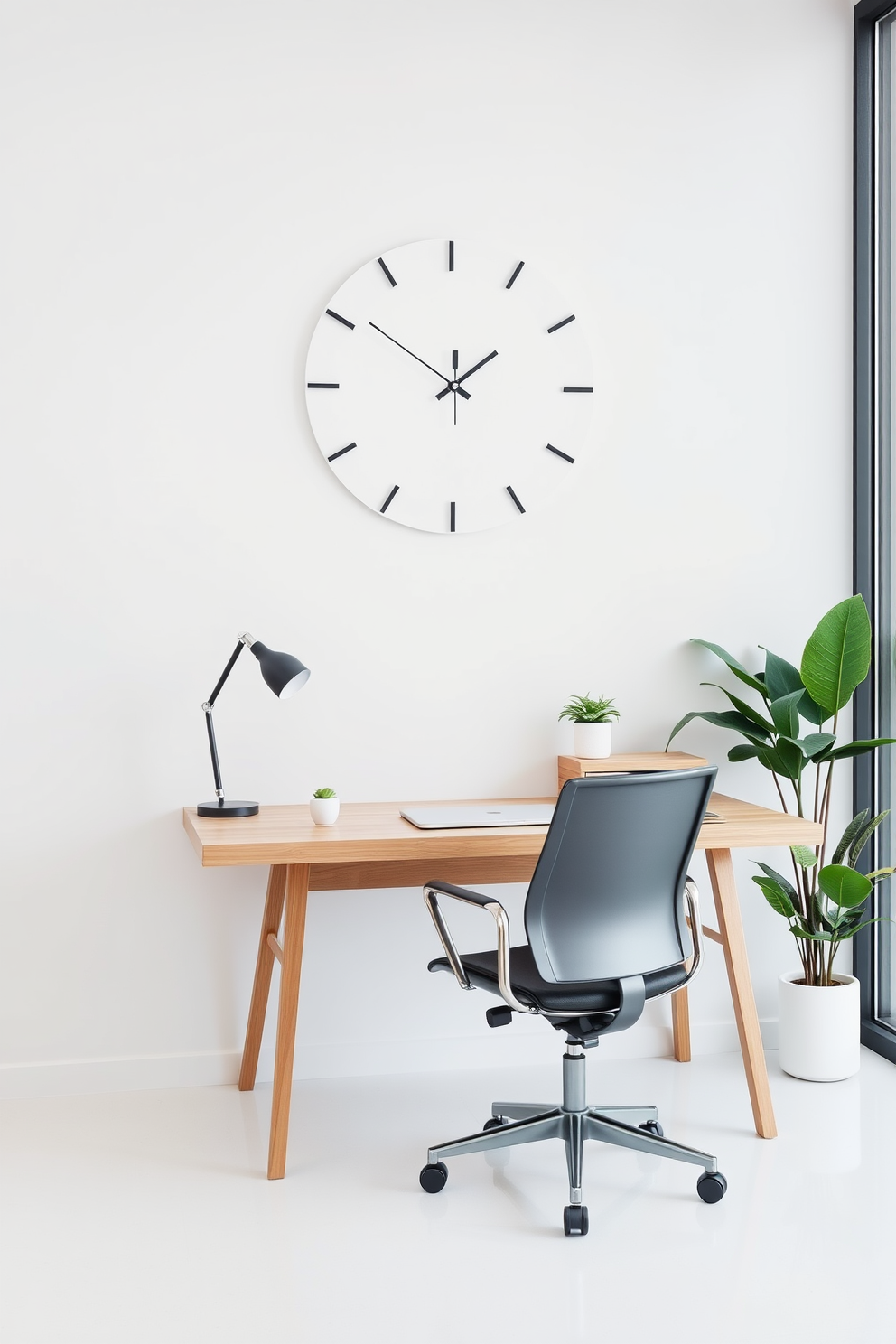 A sleek minimalist clock is mounted on a white wall, featuring a simple black face with thin, elegant hands. Below the clock, a clean wooden desk is paired with a modern ergonomic chair, creating a serene workspace. The minimalist home office design incorporates a large window that floods the space with natural light. A neutral color palette of whites and grays is complemented by a few carefully chosen indoor plants for a touch of greenery.